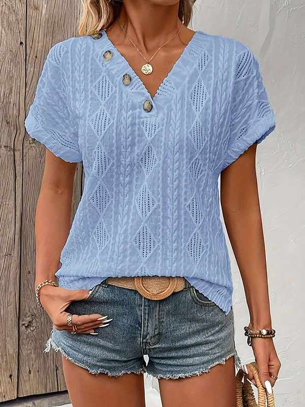 T-shirt ample boutonné à manches courtes, à col en V, couleur unie