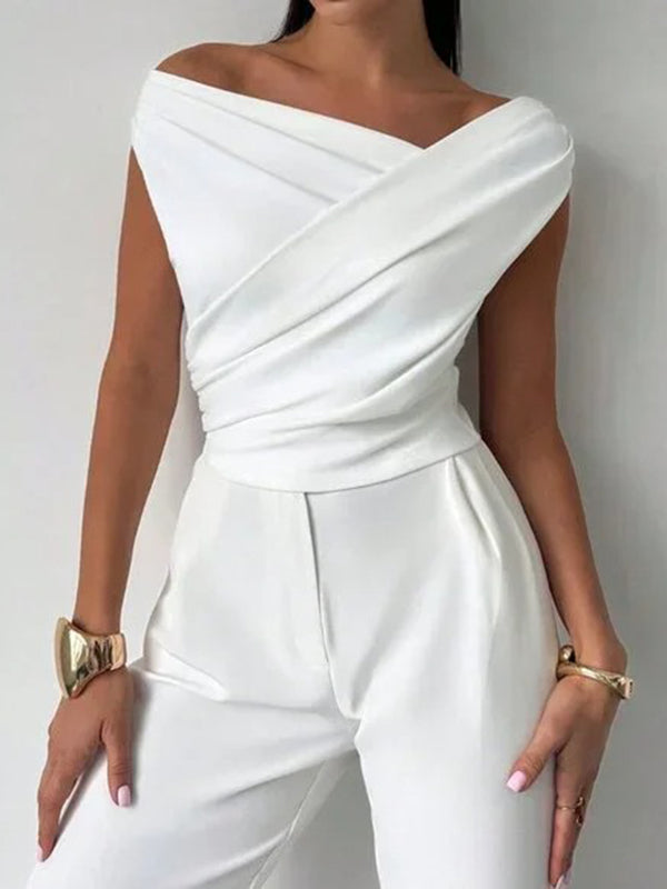 Manches courtes maigre asymétrique plissé couleur unie à empiècements décolleté asymétrique T-shirts hauts