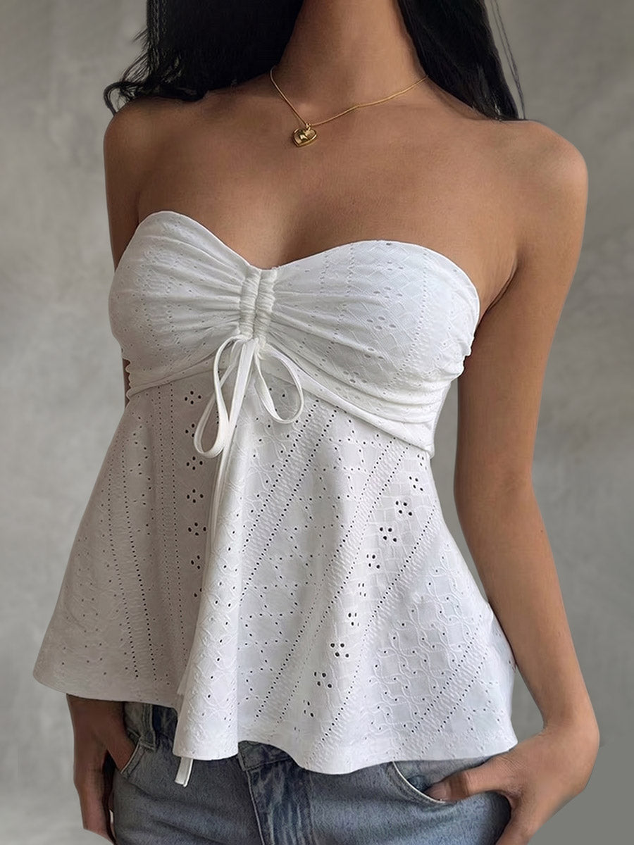 Débardeur ajouré plissé noué coupe près du corps, sans manches, dos nu, à empiècements, bustier, couleur unie