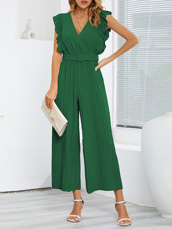 Combinaison ample plissée volantée taille haute, avec ceinture, à col en V, couleur unie