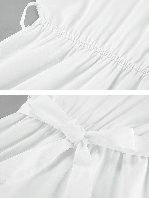Robe chemise ample plissée à manches longues, à empiècements, à taille nouée, à col en V, couleur unie