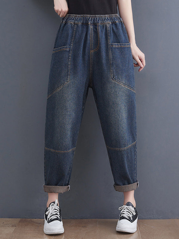 Pantalon en jean élastique ample rétro artistique
