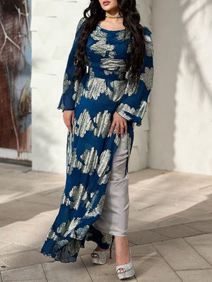 Robe de soirée longue fendue sur le côté à manches évasées, à imprimé floral