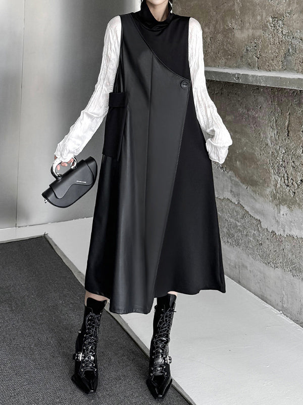 Robe mi-longue ample asymétrique boutonnée à coupe irrégulière, à empiècements, à col haut, couleur unie