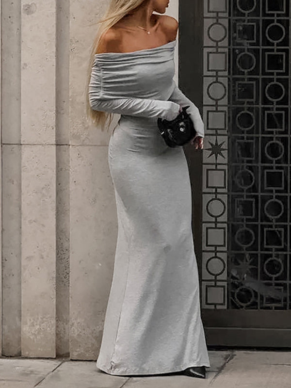 Robe de soirée longue plissée à manches longues, coupe près du corps, à empiècements, à épaules dénudées, couleur unie