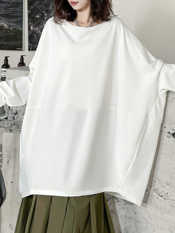 T-shirt à manches chauve-souris, à manches longues, à col rond, couleur unie