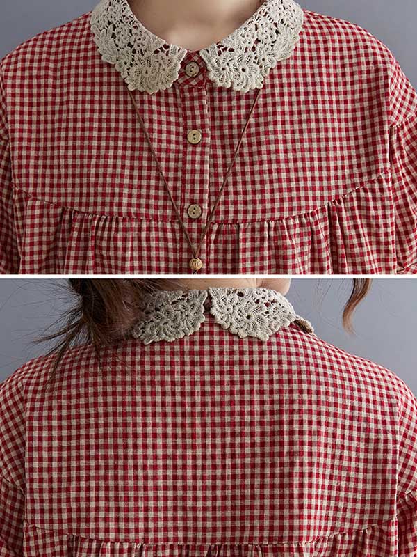 Polo à carreaux en coton mélangé, T-shirts à manches bouffantes, hauts