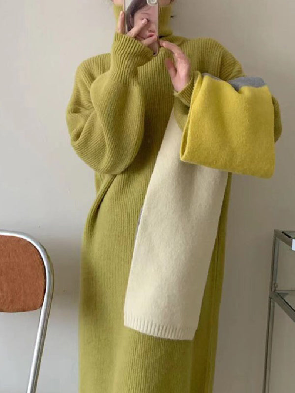 Robe pull ample à manches longues, à col haut, couleur unie