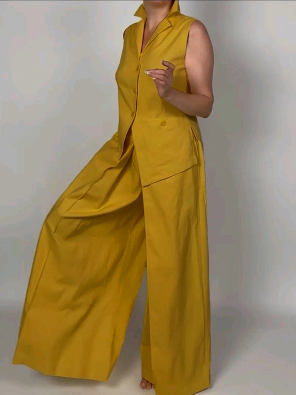 Débardeur boutonné sans manches, à col revers, couleur unie
