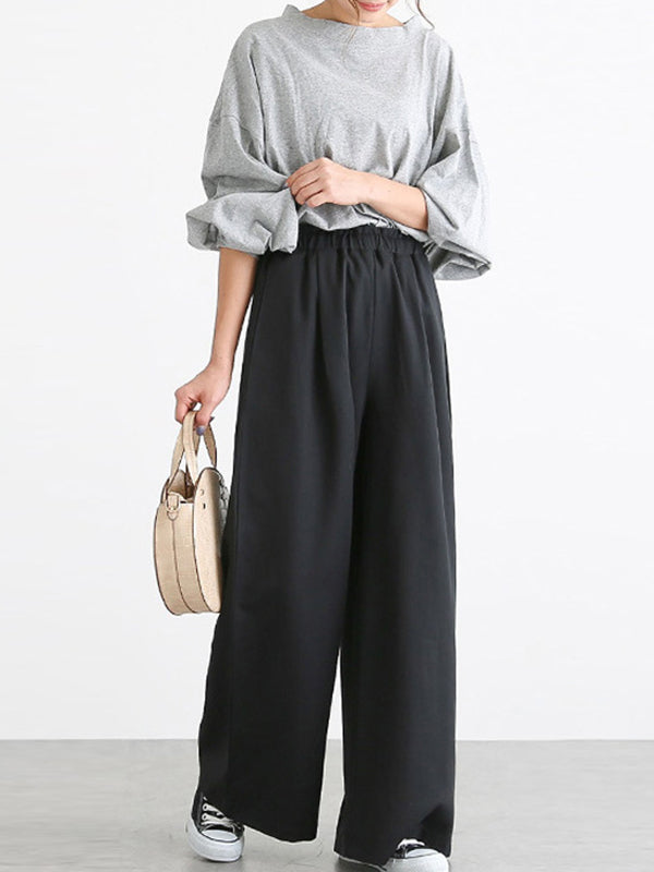 Pantalon taille haute à jambes larges, élastique, couleur unie, à empiècements, large côté