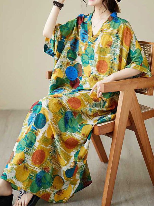 Robe longue à manches chauve-souris, à manches mi-longues, à pois, à col en V, couleur contrastée