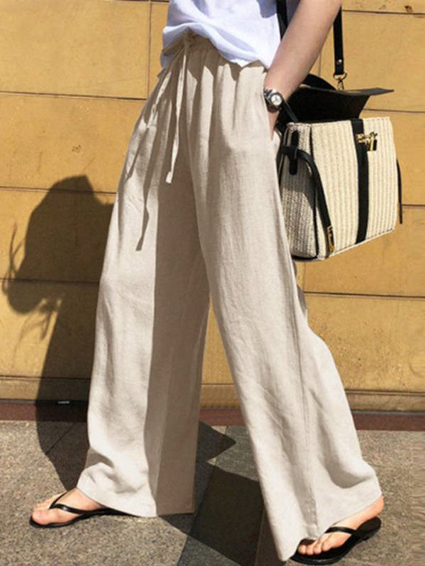 Pantalon ample taille haute, à cordon de serrage, à poches, couleur unie