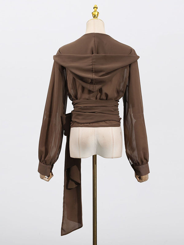Chemisier ample plissé transparent à manches longues, à taille nouée, à capuche, couleur unie