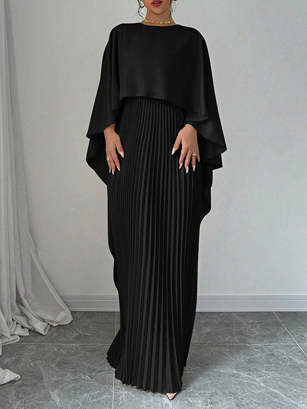 Robe de soirée longue plissée style cape, à ourlet plongeant, à empiècements, à col rond, couleur unie