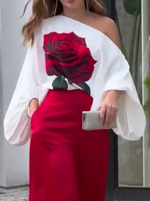 Chemisier ample asymétrique à manches longues, à taille élastique, à imprimé floral, asymétrique à une épaule