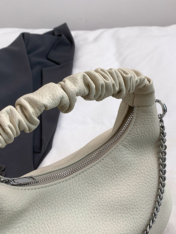 Sac à main plissé à chaîne, à fermeture éclair, couleur unie