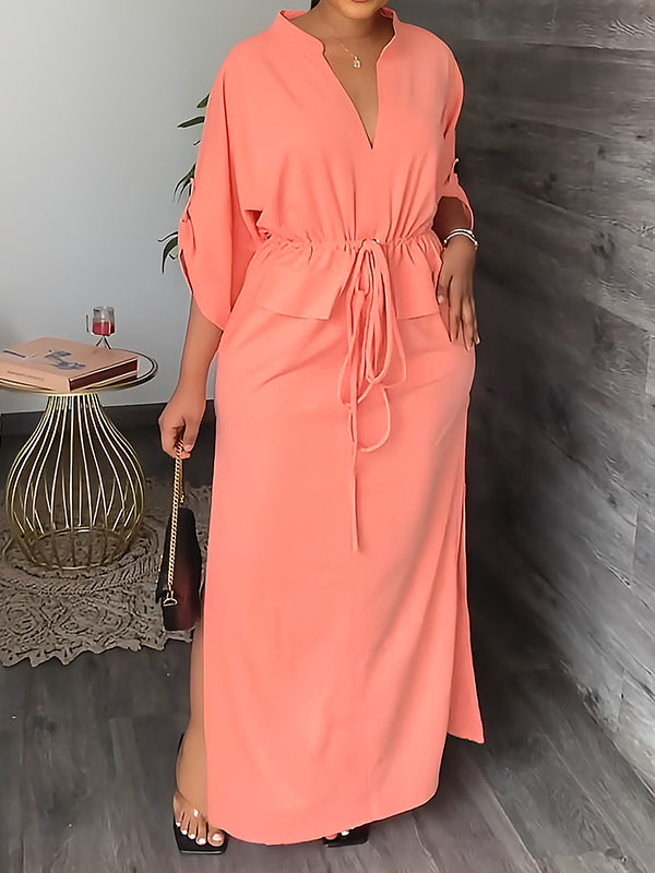 Robe longue ample fendue sur le côté à cordon de serrage, à col en V, couleur unie
