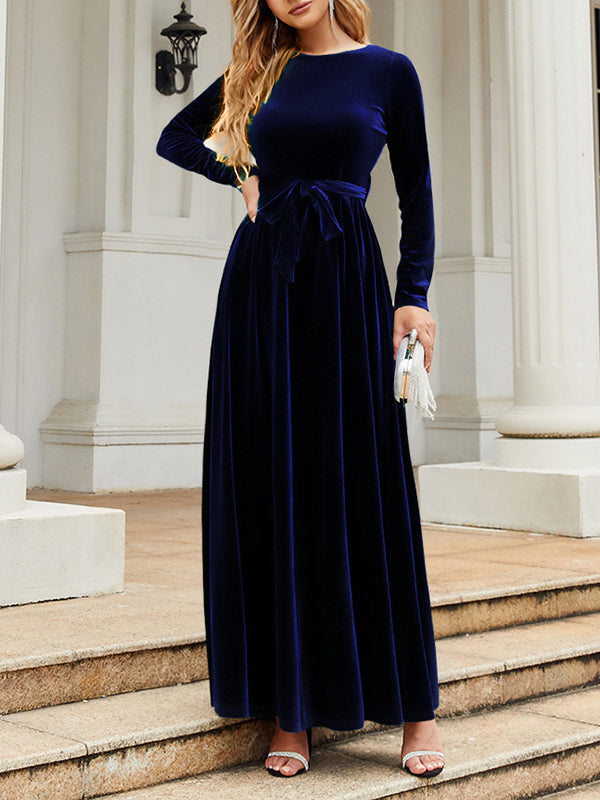 Robe longue plissée à manches longues, coupe portefeuille, avec ceinture, à fermeture éclair, à col rond, couleur unie