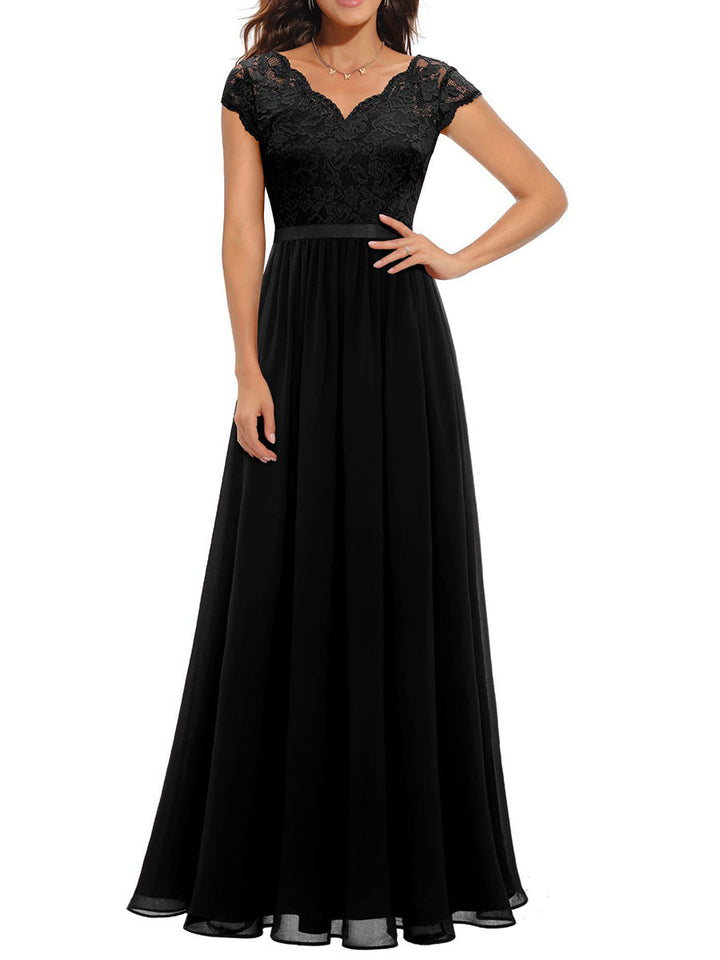 Robe longue plissée transparente coupe trapèze, taille haute, à empiècements, à col en V, couleur unie
