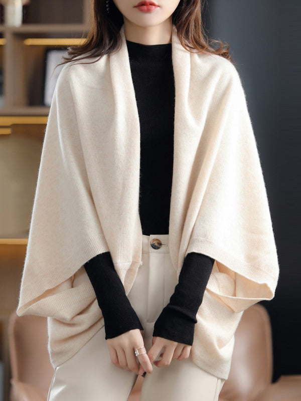 Urbain Wool Lâche Couleur Unie Manches Chauve-Souris Cape Cardigan Hauts