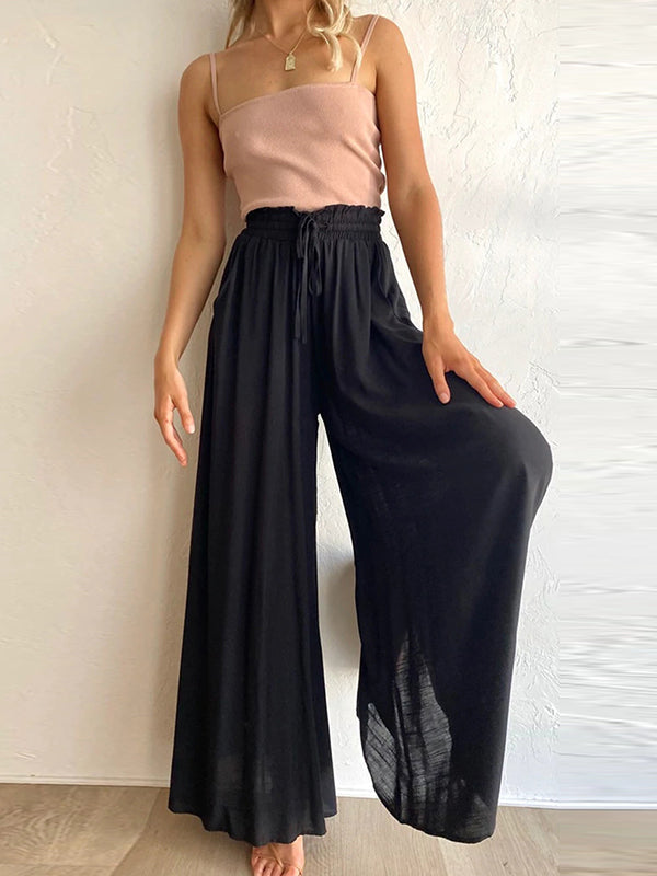 Pantalon ample plissé taille haute, à cordon de serrage, à taille élastique, à poches, couleur unie