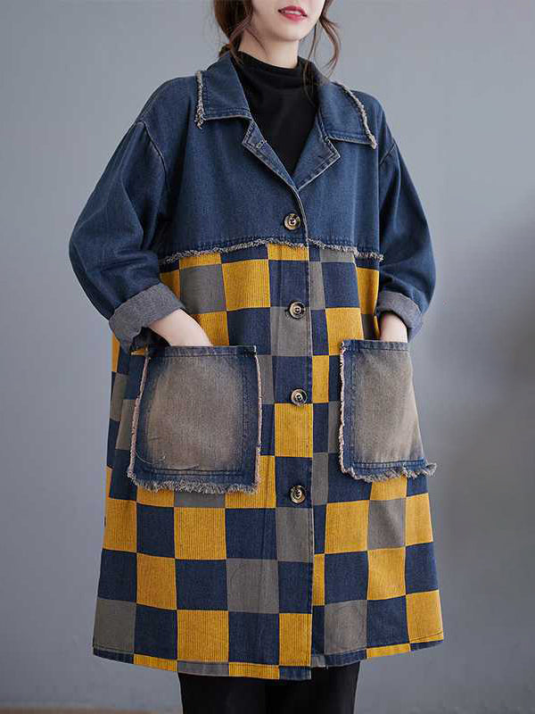 Veste en jean ample boutonnée à manches longues, à franges, à carreaux, à poches, à empiècements, à col cranté