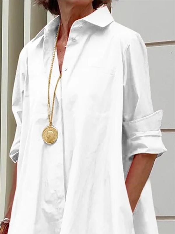Robe chemise ample à manches longues, à col revers, couleur unie