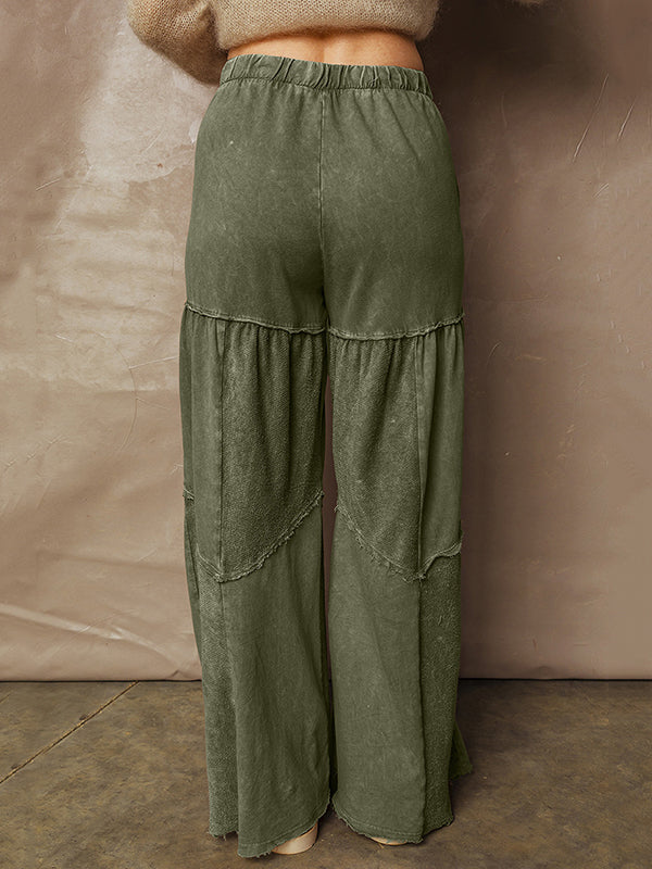 Pantalon ample plissé taille haute, à cordon de serrage, à poches, à empiècements, couleur unie