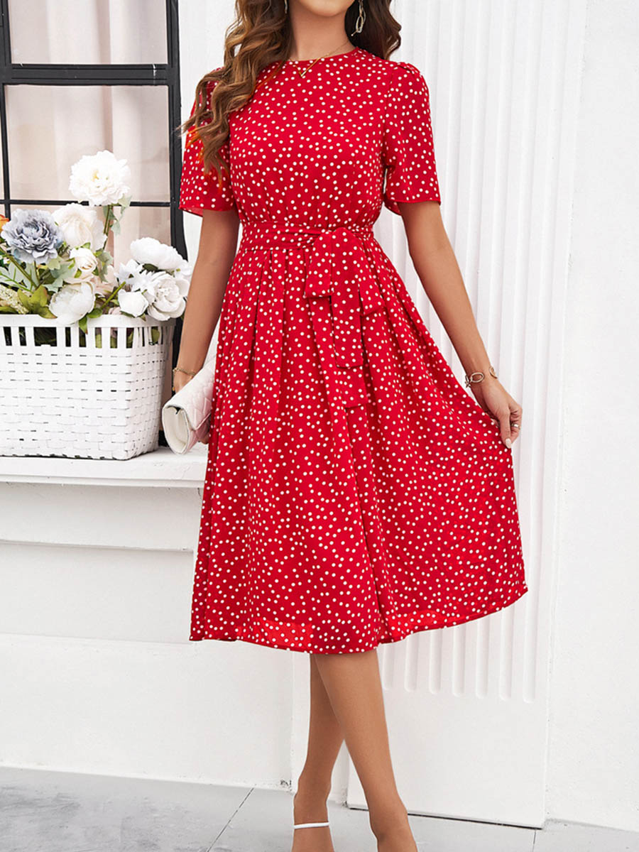 Robe mi-longue coupe trapèze, à taille élastique, à pois, à empiècements, à taille nouée, à col rond, couleur contrastée