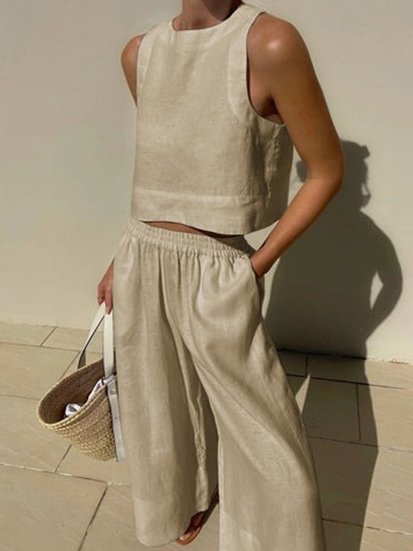 Ensemble deux pièces gilet sans manches à col rond de couleur unie + pantalon élastique à jambes larges