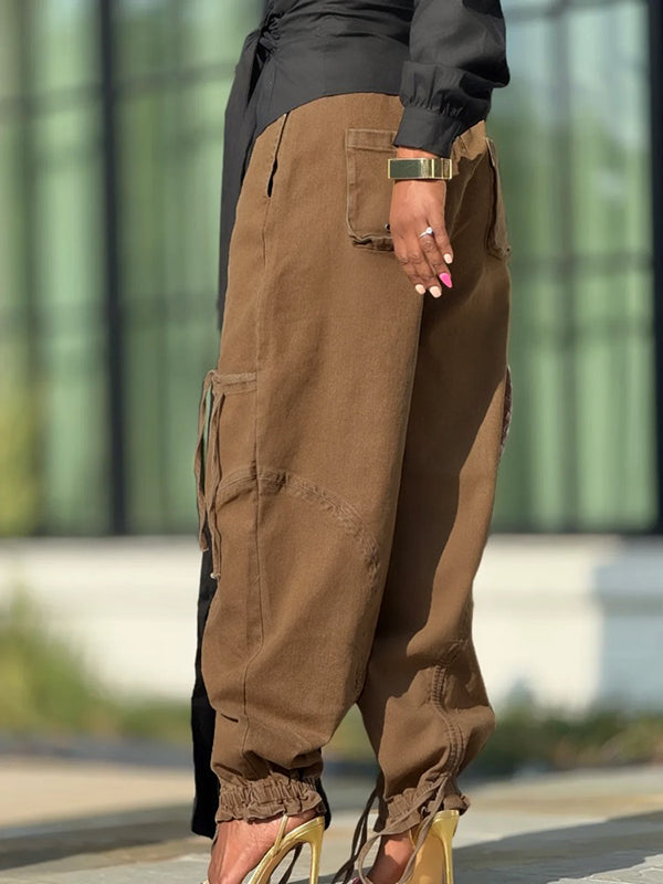 Jean taille haute, à taille élastique, à poches, couleur unie