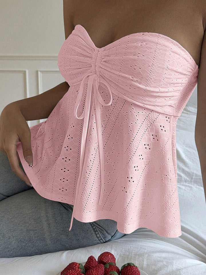 Débardeur ajouré plissé noué coupe près du corps, sans manches, dos nu, à empiècements, bustier, couleur unie
