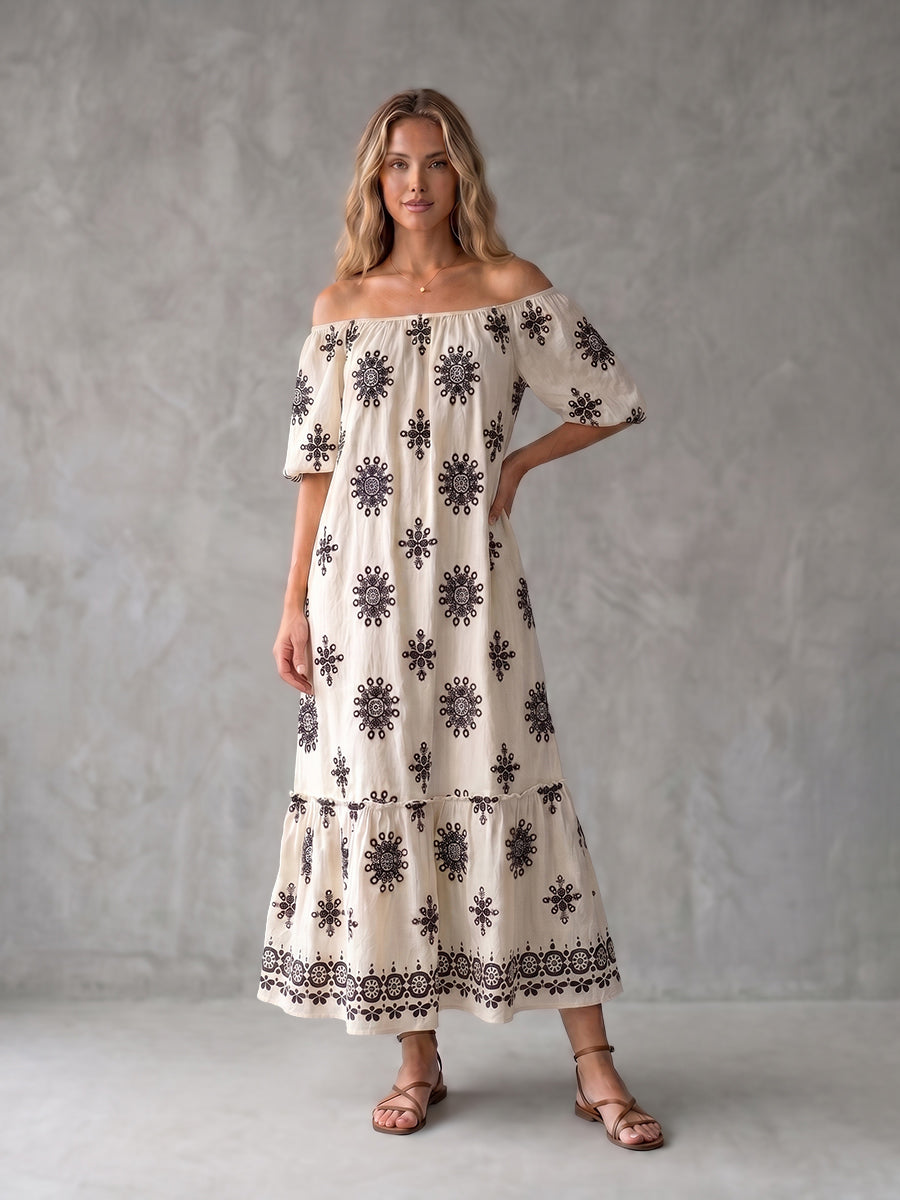 Robe longue plissée imprimée coupe trapèze, à manches mi-longues, à taille élastique, à bordure volantée, à empiècements, à épaules dénudées