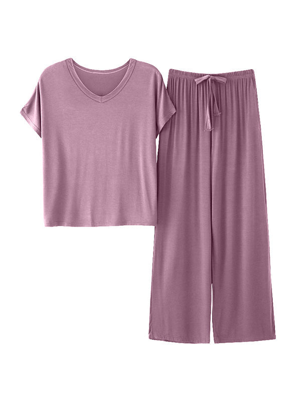 T-shirt décontracté à manches courtes, col en V, couleur unie – Ensemble pantalon et pyjama Rawstring