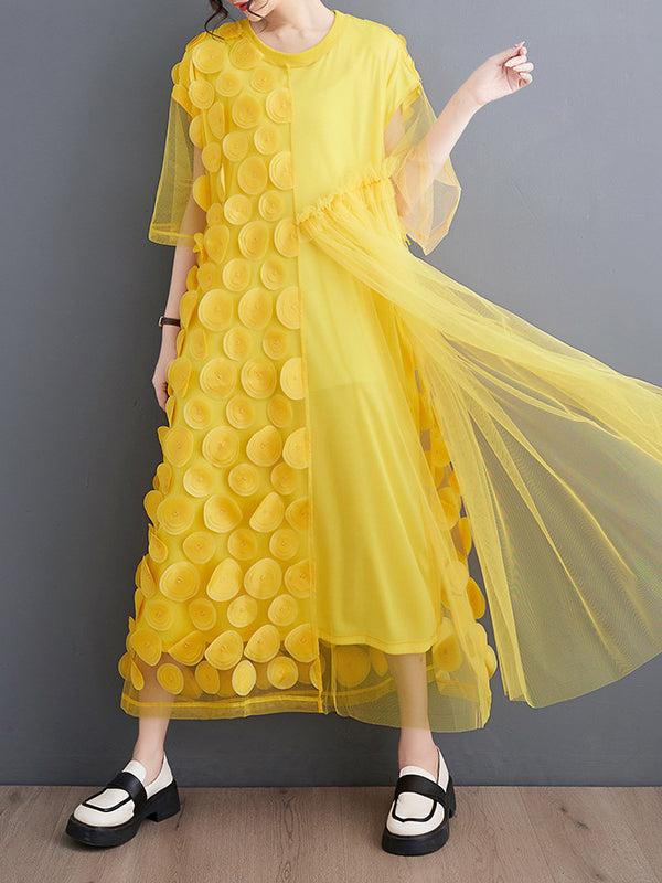 Robe mi-longue ample asymétrique à manches courtes, en gaze, à empiècements, à col rond