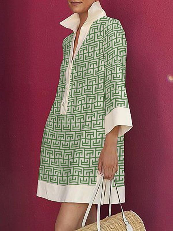 Robe chemise boutonnée imprimée à manches longues, à manches trois-quarts, à col revers