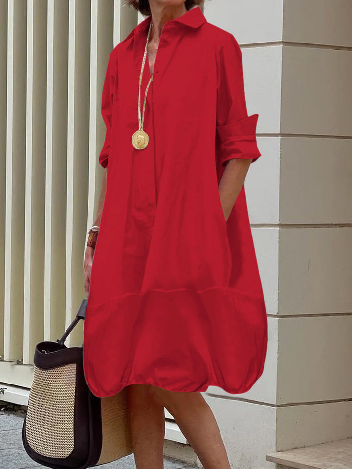 Robe chemise ample à manches longues, à col revers, couleur unie