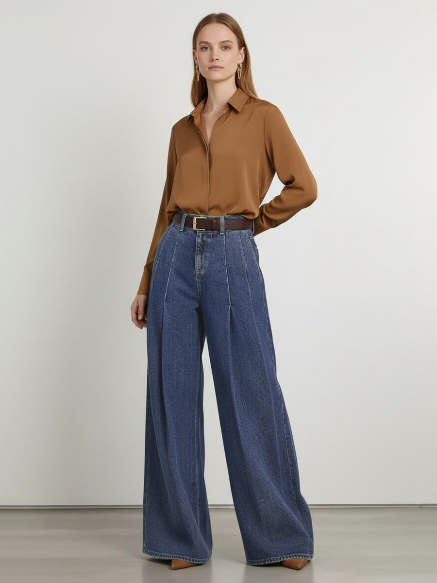 Pantalon plissé à taille élastique, taille haute, avec ceinture, à poches, à empiècements, couleur unie
