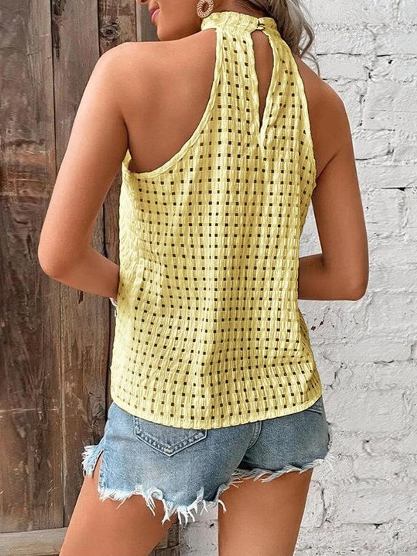 Débardeur ample ajouré plissé grande taille, en jacquard, à col licou, couleur unie