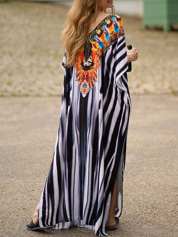 Robe longue de plage à manches chauve-souris, ample, imprimée, fendue sur le côté, rayée, col en V