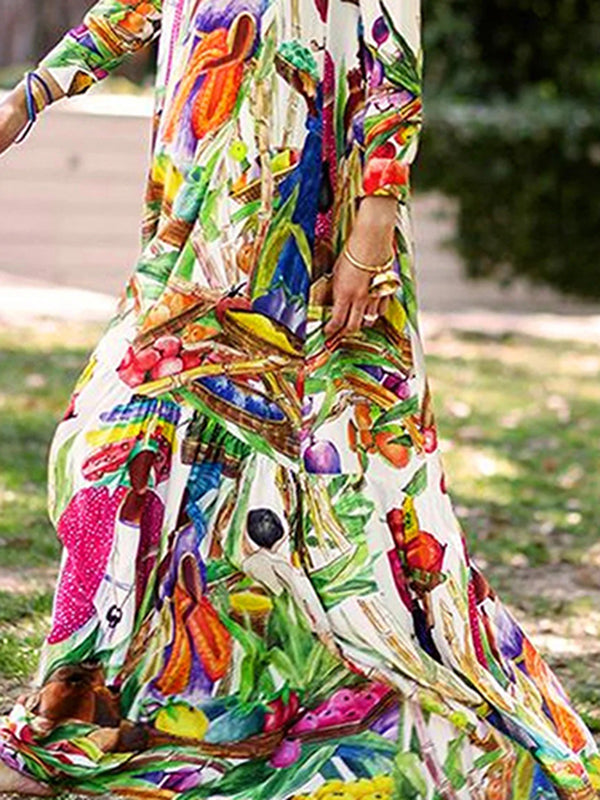 Robe chemise ample asymétrique imprimée à manches longues, à empiècements, à col revers