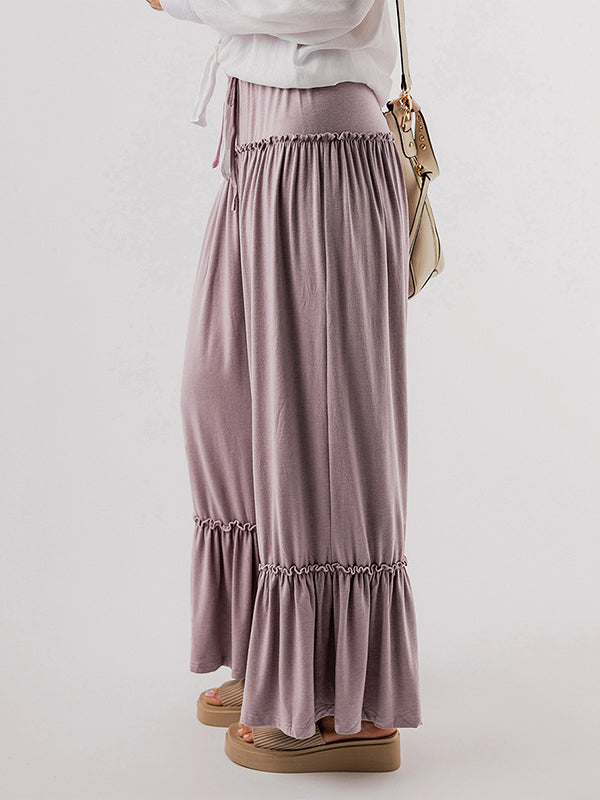 Pantalon ample plissé taille haute, couleur unie