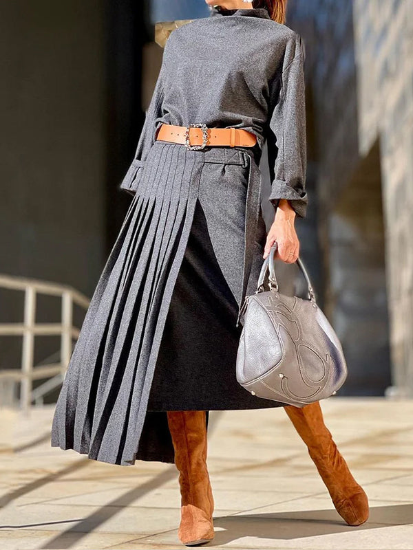 Ensemble deux pièces ample asymétrique plissé à empiècements, couleur unie – haut + jupe