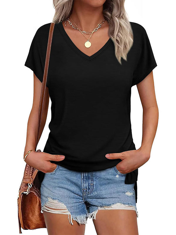 T-shirt fendu sur le côté à ourlet plongeant, à manches raglan, à empiècements, à col en V, couleur unie