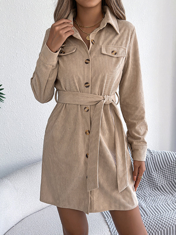 Robe chemise boutonnée à taille élastique, à manches longues, avec ceinture, à boutonnage simple, à col revers, couleur unie