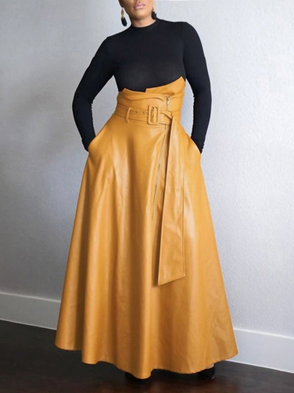 Jupe coupe trapèze, taille haute, avec ceinture, à poches, à fermeture éclair, couleur unie
