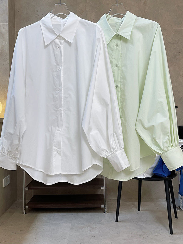 Chemisier décontracté ample à manches bouffantes, à col revers, couleur unie