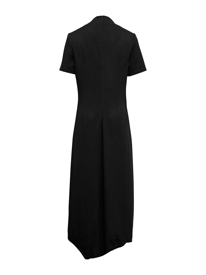 Robe longue boutonnée à ourlet plongeant, à manches courtes, à col rond, couleur unie