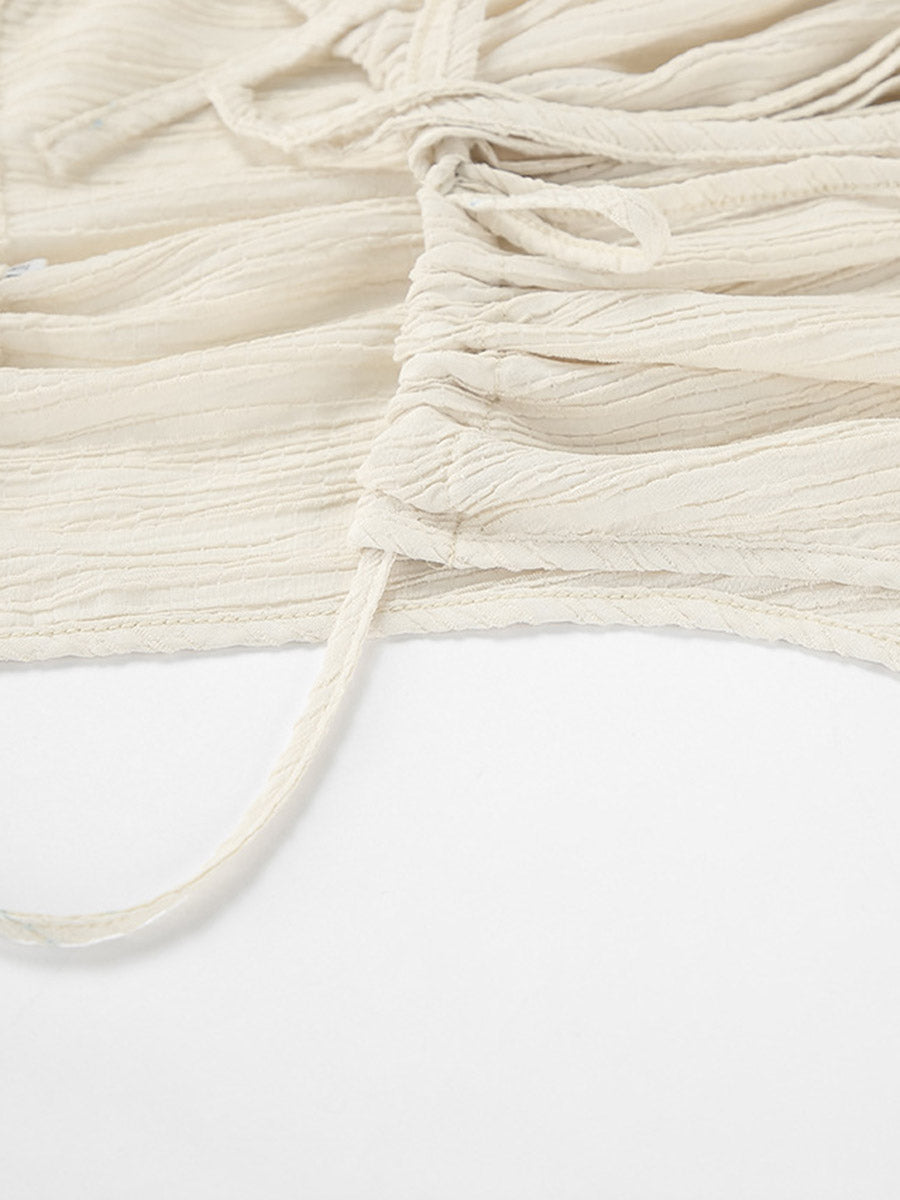 Ensemble deux pièces court plissé à col licou, à empiècements, taille haute, à taille élastique, à taille nouée, couleur unie – débardeur + pantalon