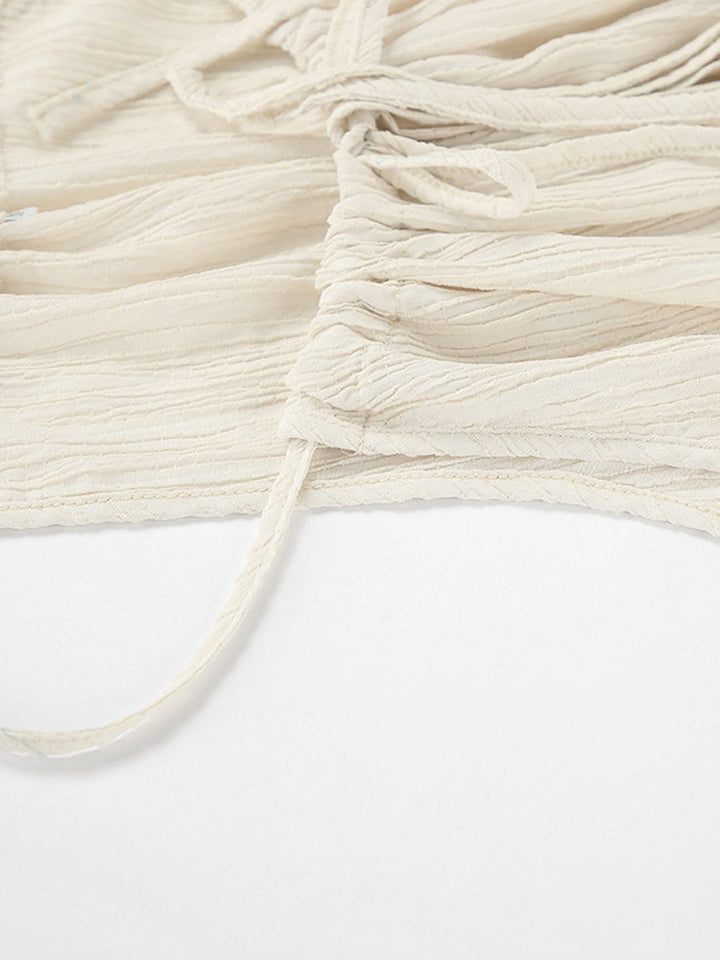 Ensemble deux pièces court plissé à col licou, à empiècements, taille haute, à taille élastique, à taille nouée, couleur unie – débardeur + pantalon